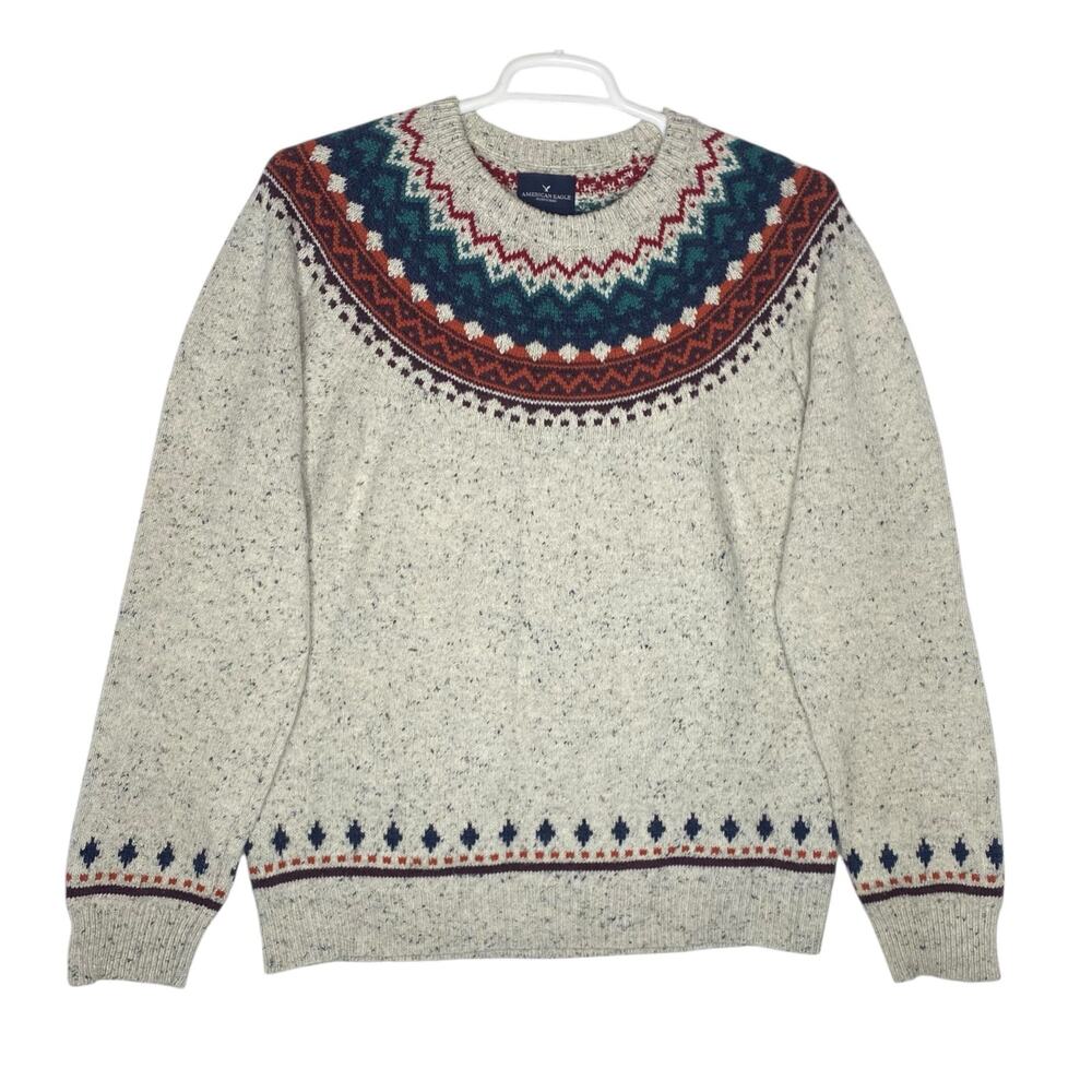 American Eagle Fair Isle Confetti Knit Sweater Beige Wool Blend Men Large Nordic